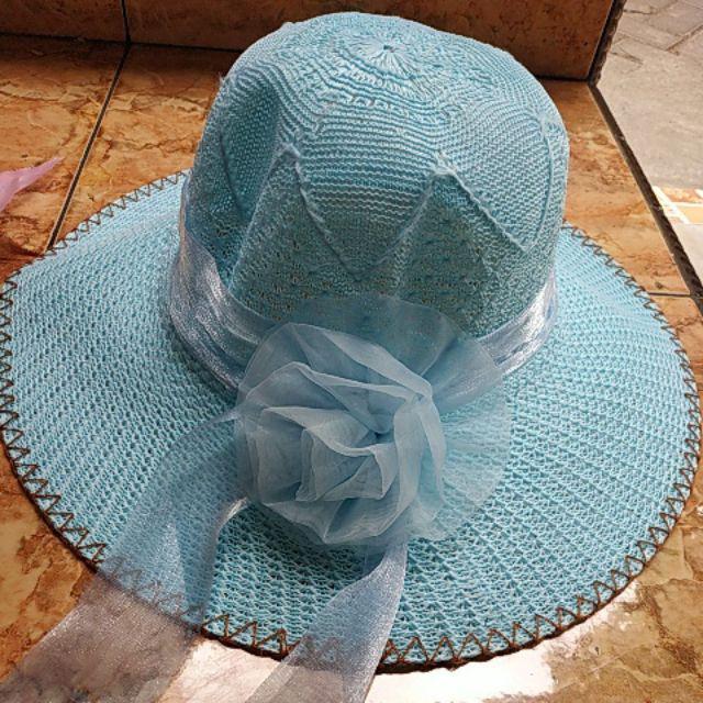 Topi Pantai Dewasa Bunga - Biru Muda